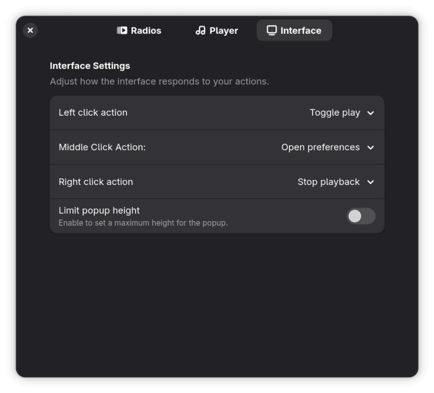 Quick Lofi interface settings. Preferences, Interface page: indicator click actions and popup height.