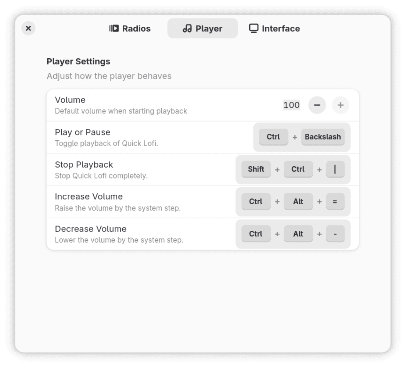 Quick Lofi player settings. Preferences, Player page: default volume and global shortcuts.
